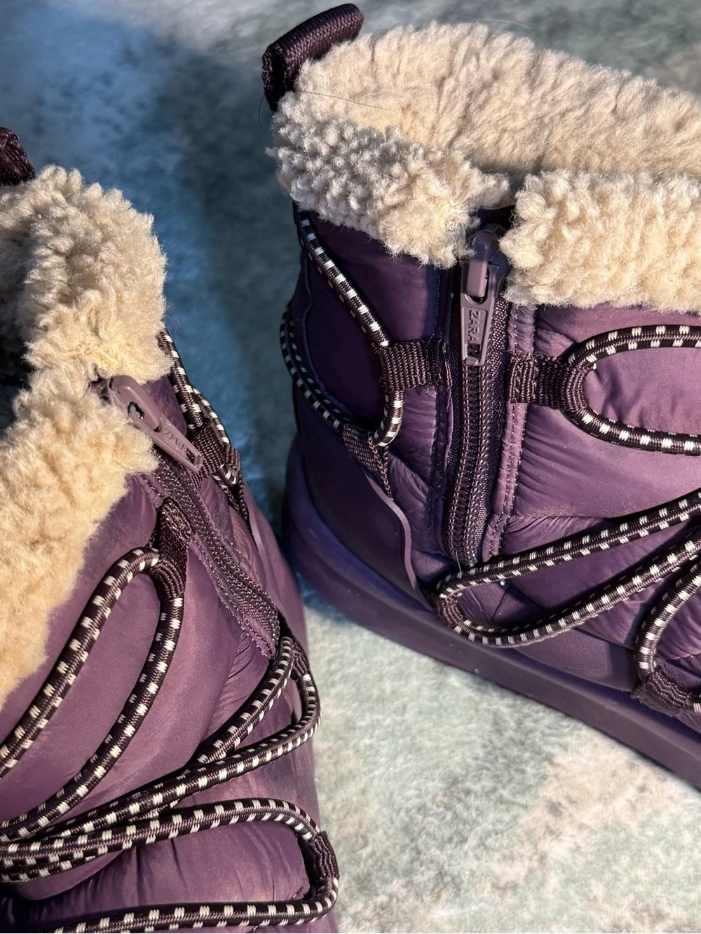 Zara My Winter Boot Women 37 US 6.5 Purple Puffer Sherpa Ankle Boots